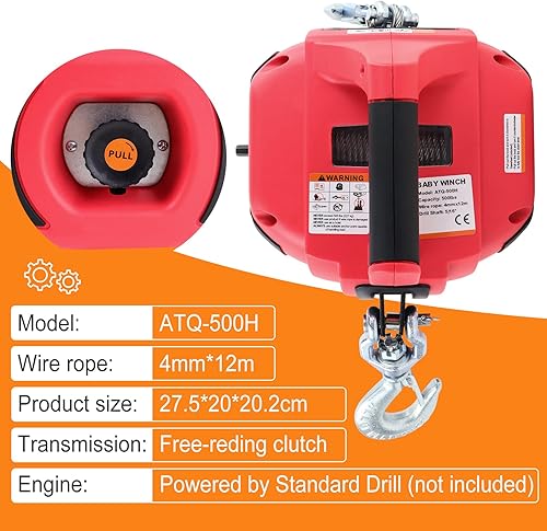 Miniatura 7 de Cabrestante de taladro portátil, gira el gancho 360 grados, cabrestante de taladro de mano rojo de 750 libras de capacidad con cuerda de alambre de