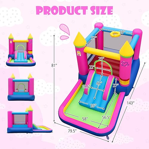 Miniatura 7 de HONEY JOY Casa inflable con tobogán y piscina, con temática de princesa para fiestas al aire libre e interior, casa hinchable para niños y niñas