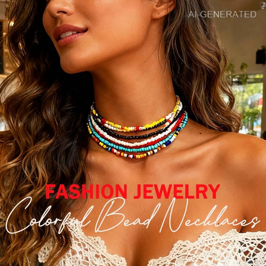 ACEDRE Boho Layered Beaded Choker Necklace Colorful Chokers 7Pcs for Women | Multi-colored Seed Beads Necklaces Bohemian Summer Beach Costume Jewelry