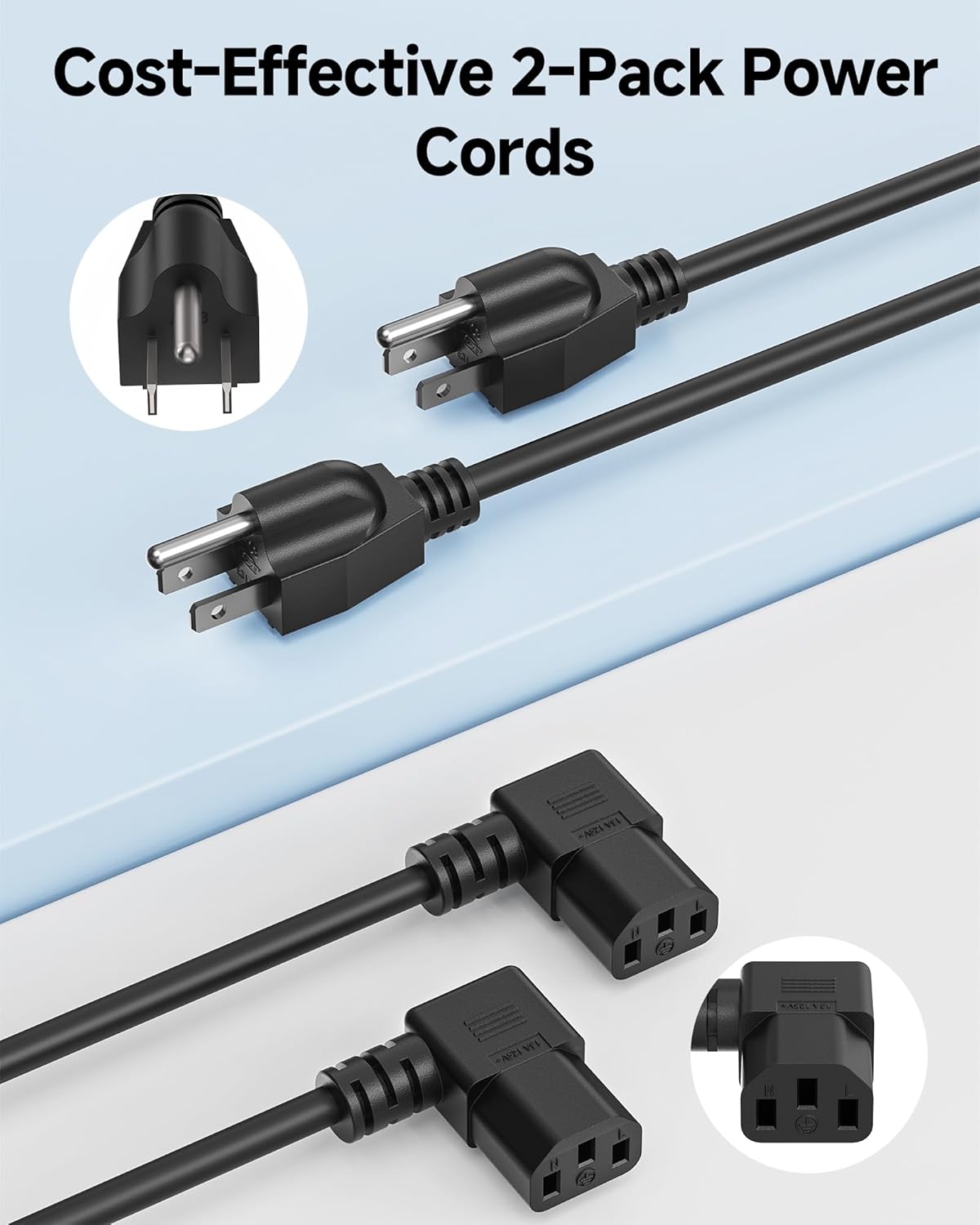 Cable Matters 2-Pack 16 AWG Right Angle Power Cord - 15ft, 90 Degree AC Power Cord Replacement, NEMA 5-15P to Angled IEC C13, Black