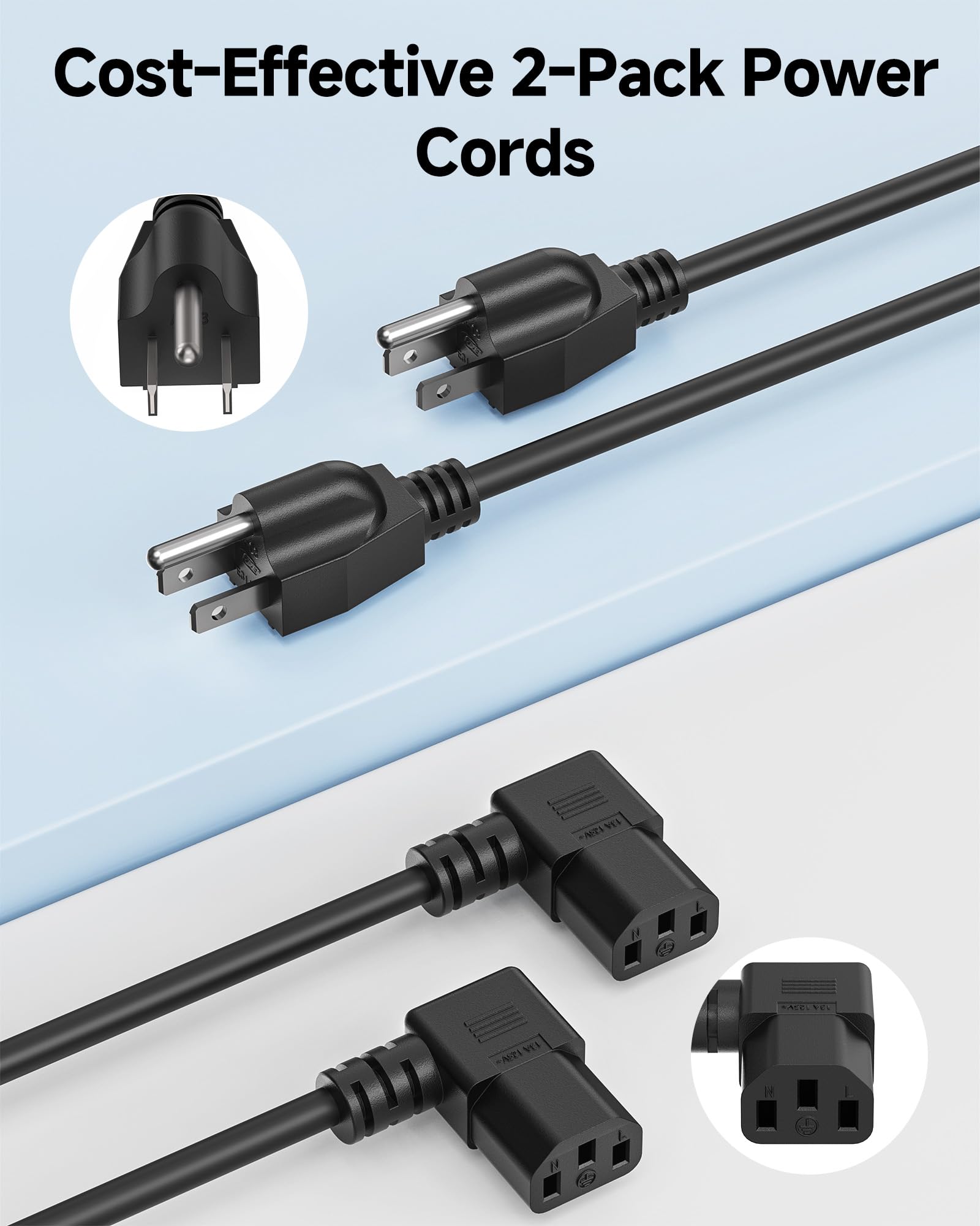 Cable Matters 2-Pack 16 AWG Right Angle Power Cord - 10ft, 90 Degree AC Power Cord Replacement, NEMA 5-15P to Angled IEC C13, Black