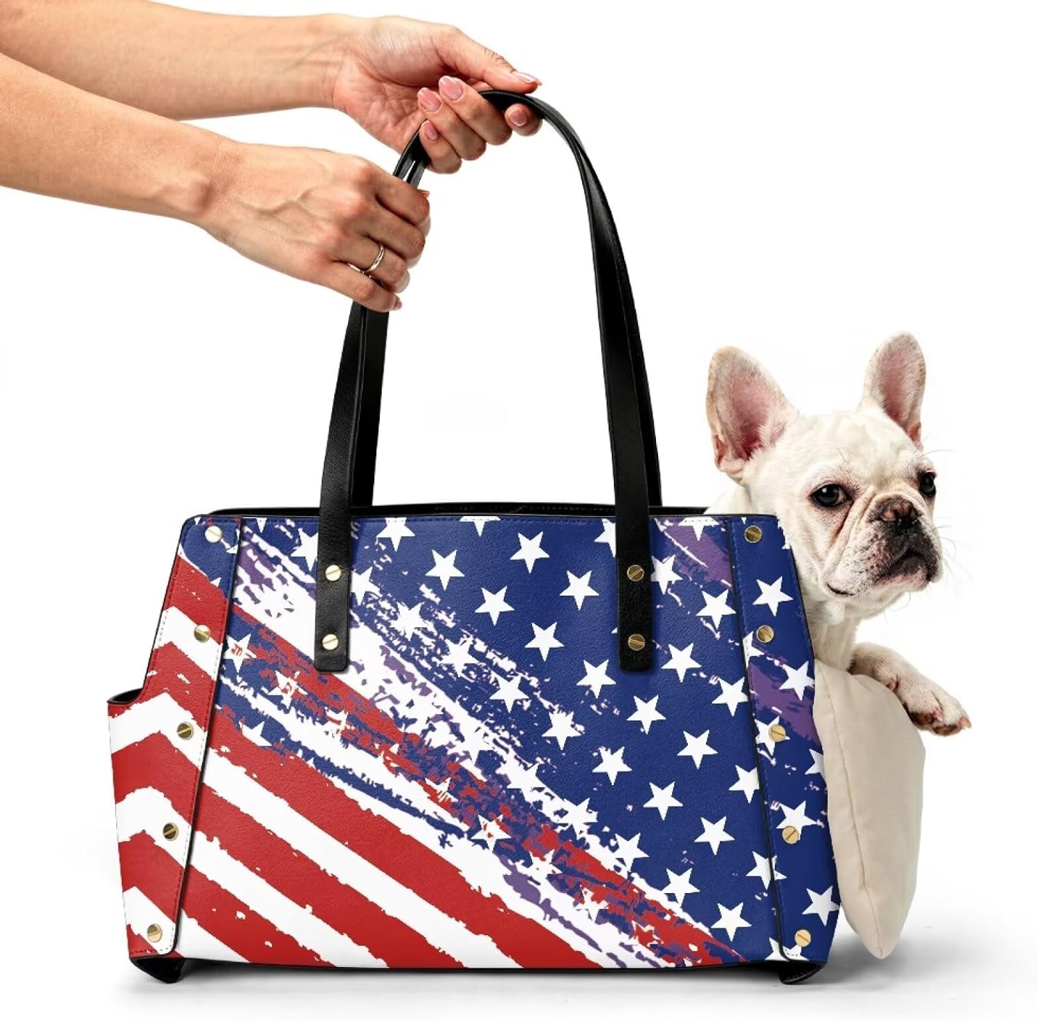 4th of July Dog Carrier Purse Pet Carrier Waterproof Premium PU Leather Pet Tote Bag for Small Dogs Cats Dachshund Carrying Bag for Outdoor Shopping Travel Washable Cushion