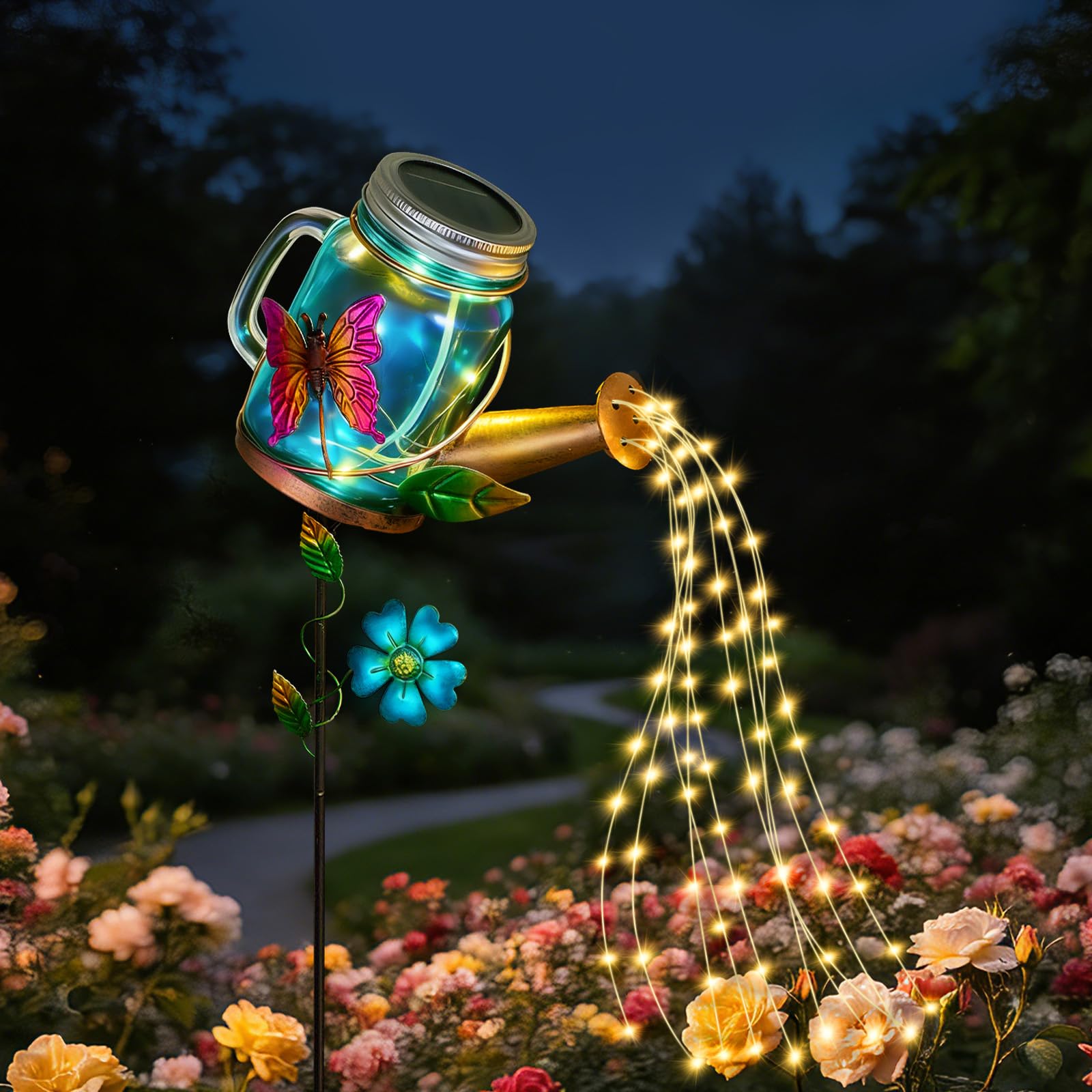 Solar Watering Can Lights Outdoor, Premium Glass & Metal Solar Garden Lights Waterproof, Garden Ornaments LED String Lights for Garden Yard Patio Lawn Decor, Unique Gardening Gifts for Women Mum