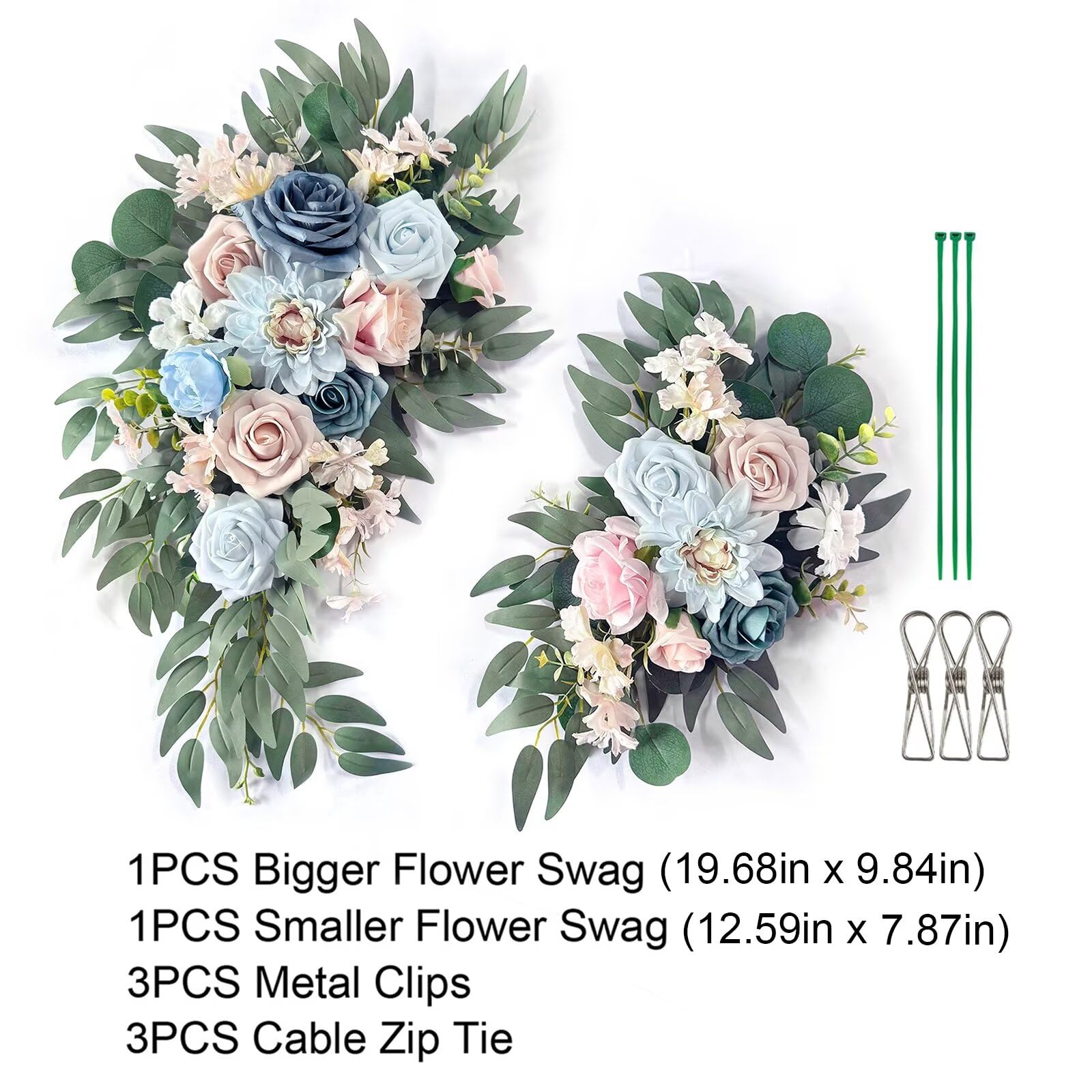 Künstliche Blumengirlande, Hochzeits-Willkommensschild, Blumengirlande, blau-rosa Blumen für Hintergrund, Dekoration, Hochzeitsbogen, Blumenarrangements, Zeremonie und Empfangsdekoration