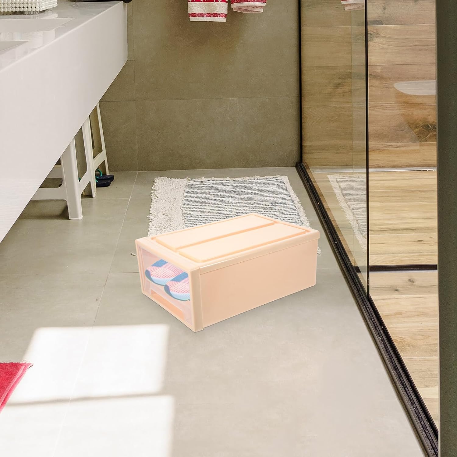 Stackable Shoe Storage Box 8l with Drawer Plastic Organizer for Sneakers and Boots, Pink 31x22x12cm Space-saving Closet Shoe Container for Home Storage