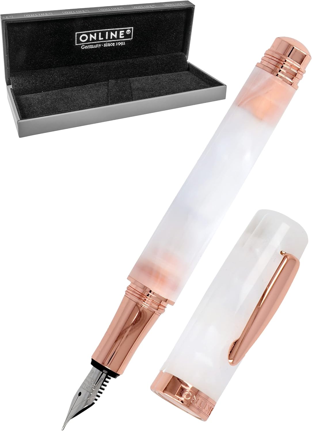 ONLINE Bohemian Art White Rose Fountain Pen Made of Resin and Acrylic I Fountain Pen with Iridium Nib M (Medium) I Fountain Pen for Standard Ink Cartridges I in Elegant Retro Gift Box
