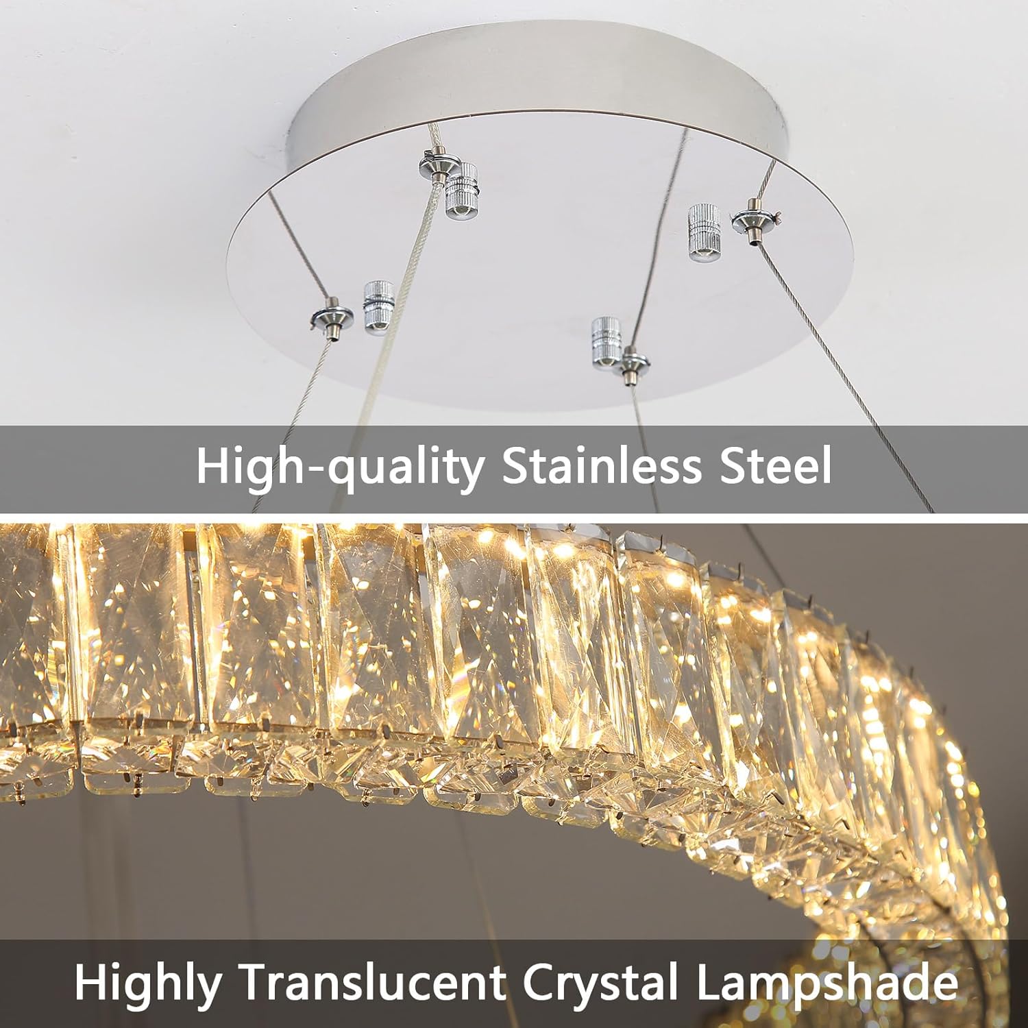 HAIXIANG Modern Crystal Chandelier Dimmable LED 8 Inch Ring Pendant Lights Adjustable Glam Chandeliers Lighting Fixtures for Dining Room Living Room Bedroom Silver Light