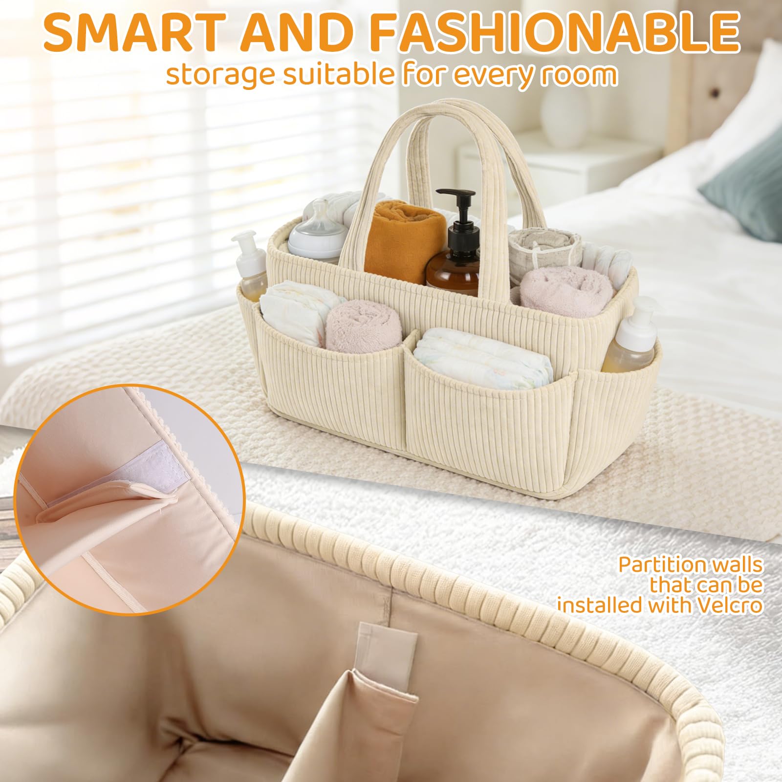 Panier à langer en velours côtelé pour table à langer, organiseur de couches pour bébé avec compartiments interchangeables, panier de rangement élégant pour chambre d'enfant (Blanc cassé)