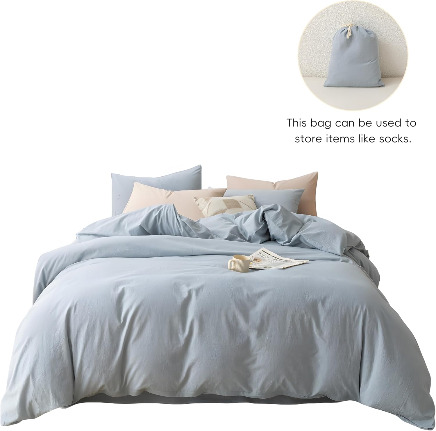 Duvet Cover Set Queen Size – 100% Washed Cotton, Ultra Soft and Lightweight, All Season Bedding with Zipper and Ties, Minimalist Neutral Style (Dusty Blue, Queen (90"x90"))