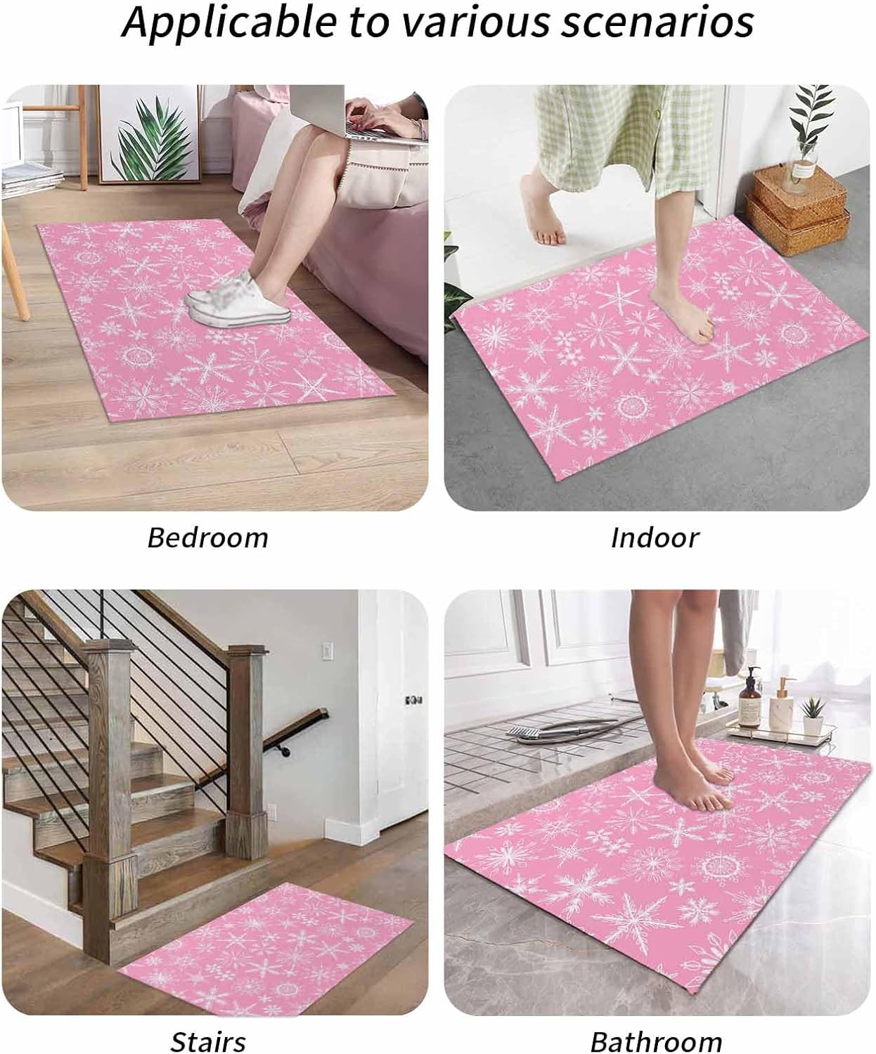 Indoor Door Mat Washable Mat 24x36 Inch - Outdoor Non-Slip Mat Absorbent Resist Dirt Doormats Christmas Snowflakes Texture Pink Floor Mat for Entryway Patio Bathroom