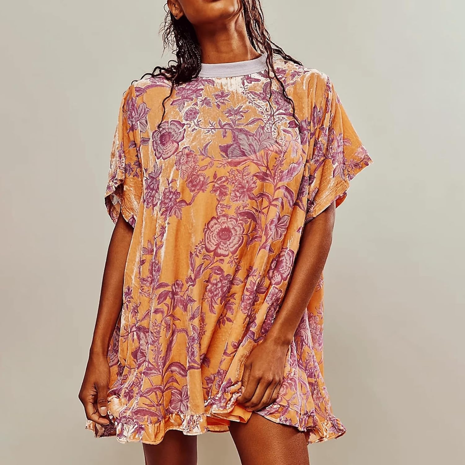 Women Short Sleeve Velvet Mini Dress Vintage Crew Neck Floral Printed Oversized Short Dress Summer Loose Boho Dress - Image 2