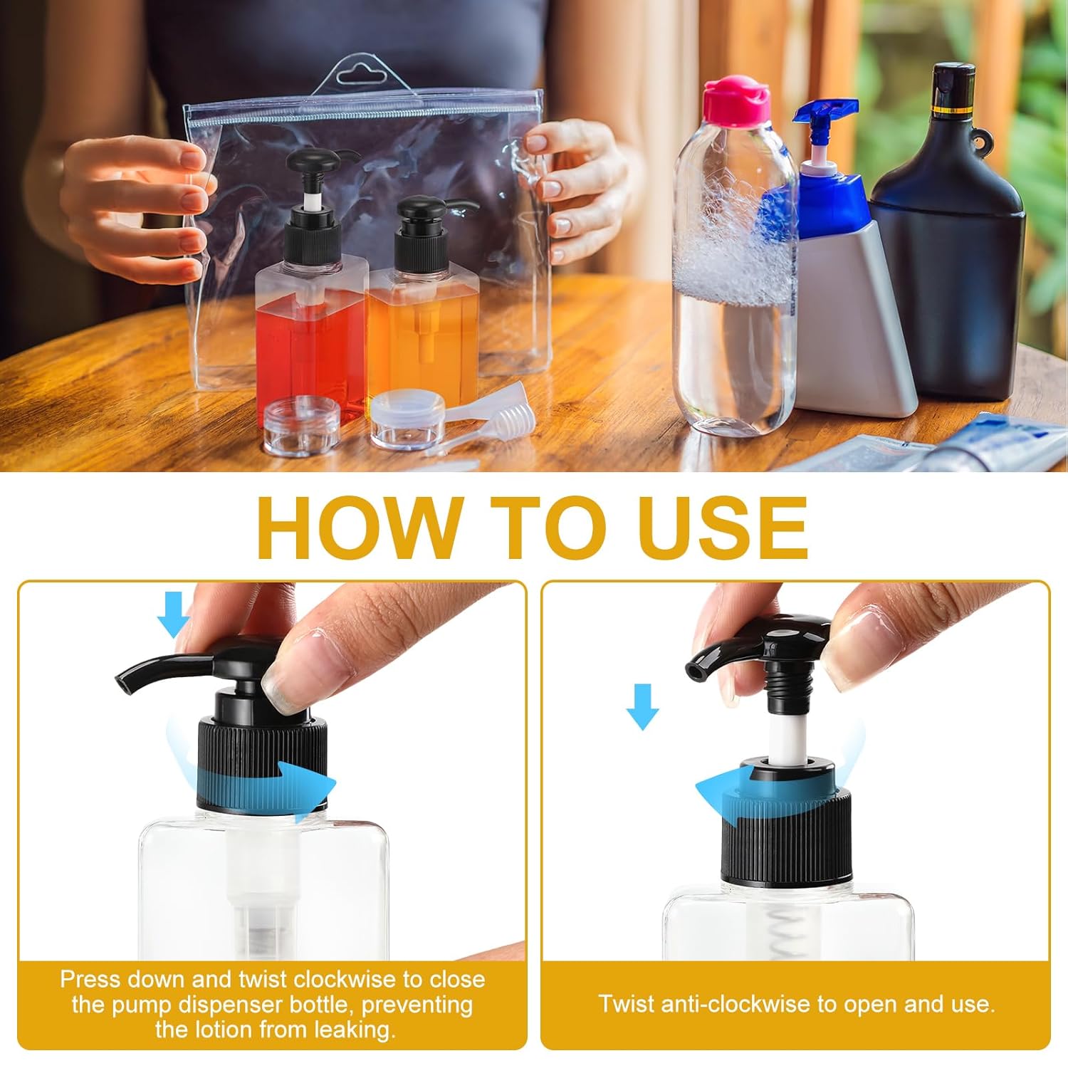 Domensi 24 Pcs 100ml /3.4 oz Pump Bottle Mini Travel Bottles Small Dispenser Containers Plastic Pump Lotion Dispenser Empty Square Travel Size Containers Toiletries (Black)