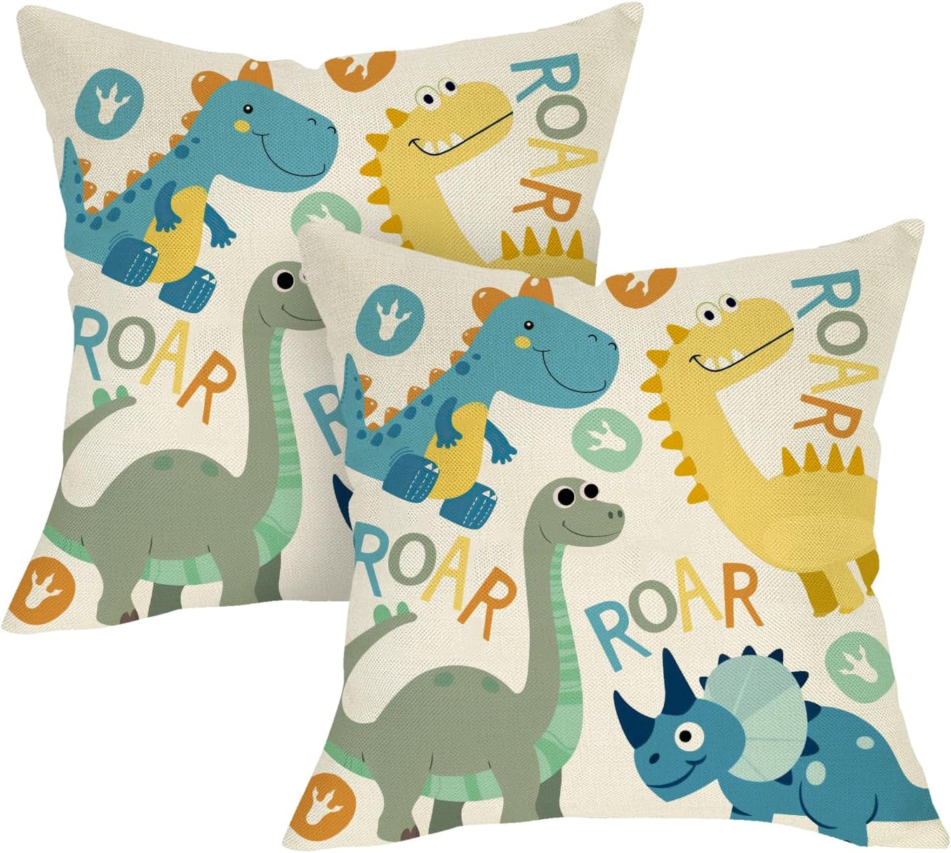 Cute Dinosaur Roar Decorative Throw Pillow Covers 18 x 18 Set of 2, Cartoon Dino Kids Bedroom Home Decor, Nursery Baby Toddlers Playroom Sofa Couch Cushion Case