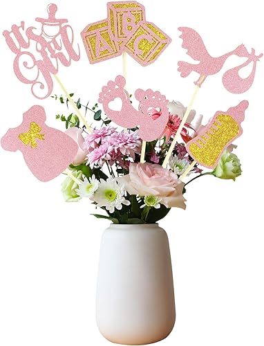 Miniatura 1 de 12 palitos de centro de mesa para baby shower, 6 estilos con purpurina para revelación de género, decoración de mesa It's a Girl, decoración de