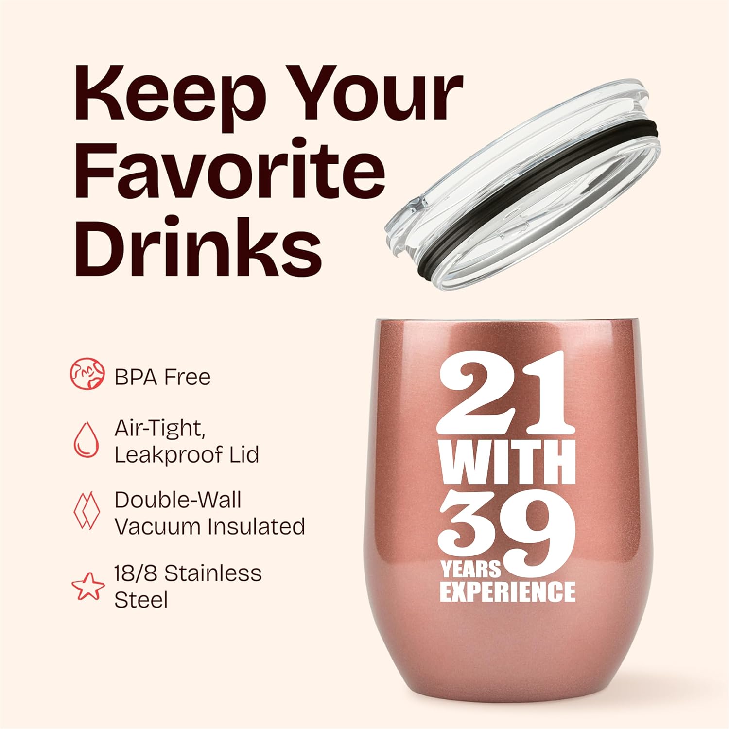 KLUBI 60th Birthday Gifts for Women - 21 With 39 Years Experience Gifts 12oz 60th Birthday Wine Tumbler 60th Birthday Decorations Women Gift Turning 60 th Birthday Gift Funny Mug - Image 5