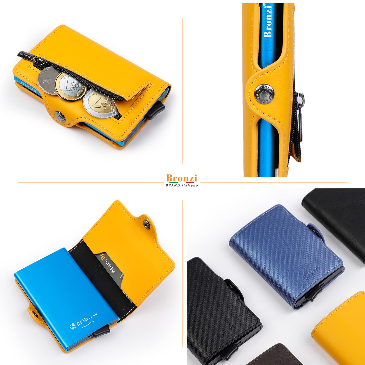 Bronzi Nuovo Portafoglio Porta Carte Credito - Portafoglio Uomo Slim Portacarte uomo - Mini Porta Tessere - Protezione RFID Portatessere Pelle - Design Smart Italiano (Giallo)