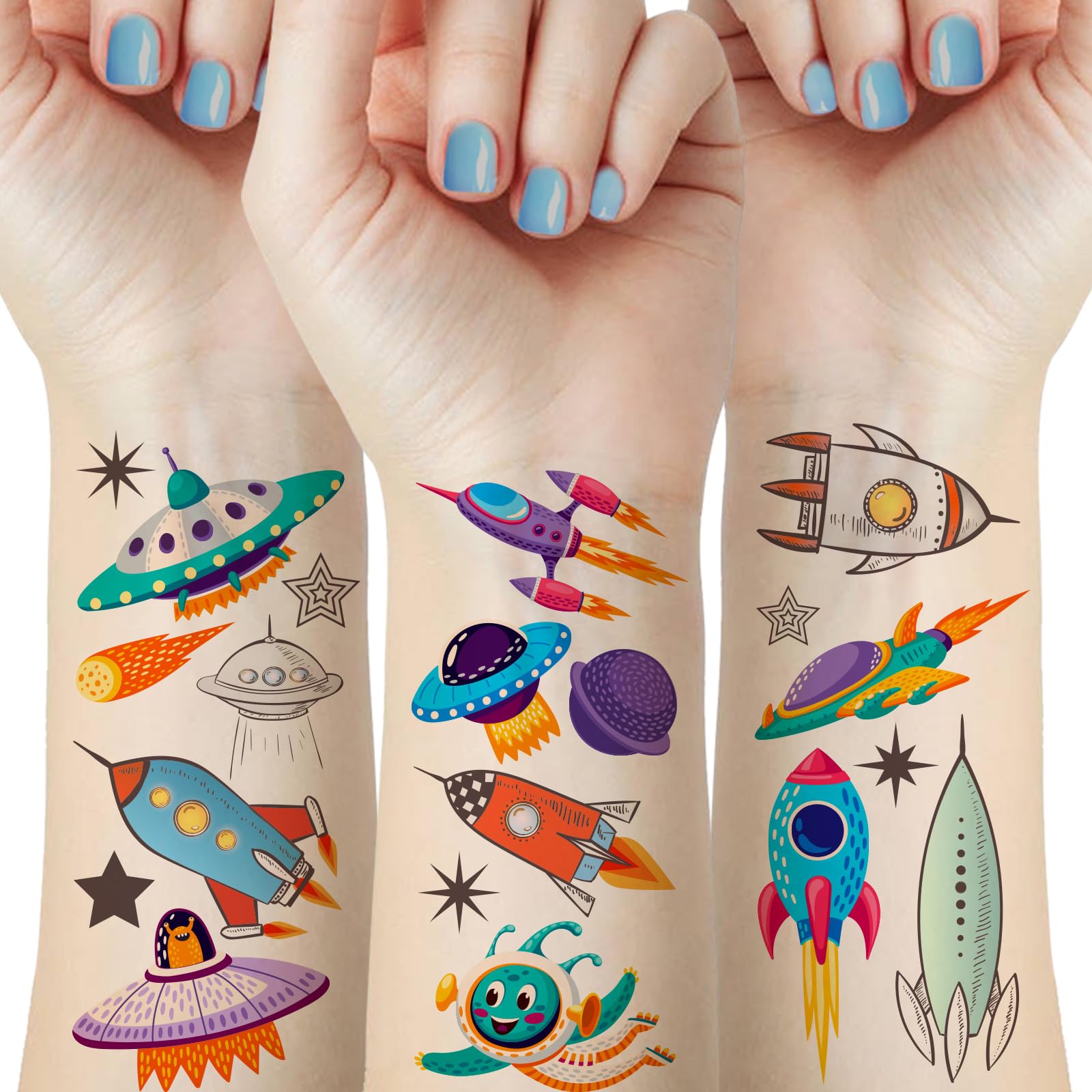 60Pcs Space Temporary Tattoos, Space Birthday Party Decorations Favors Supplies, Rocket UFO Star Waterproof Body Art Tattoo Stickers Gift for Boys