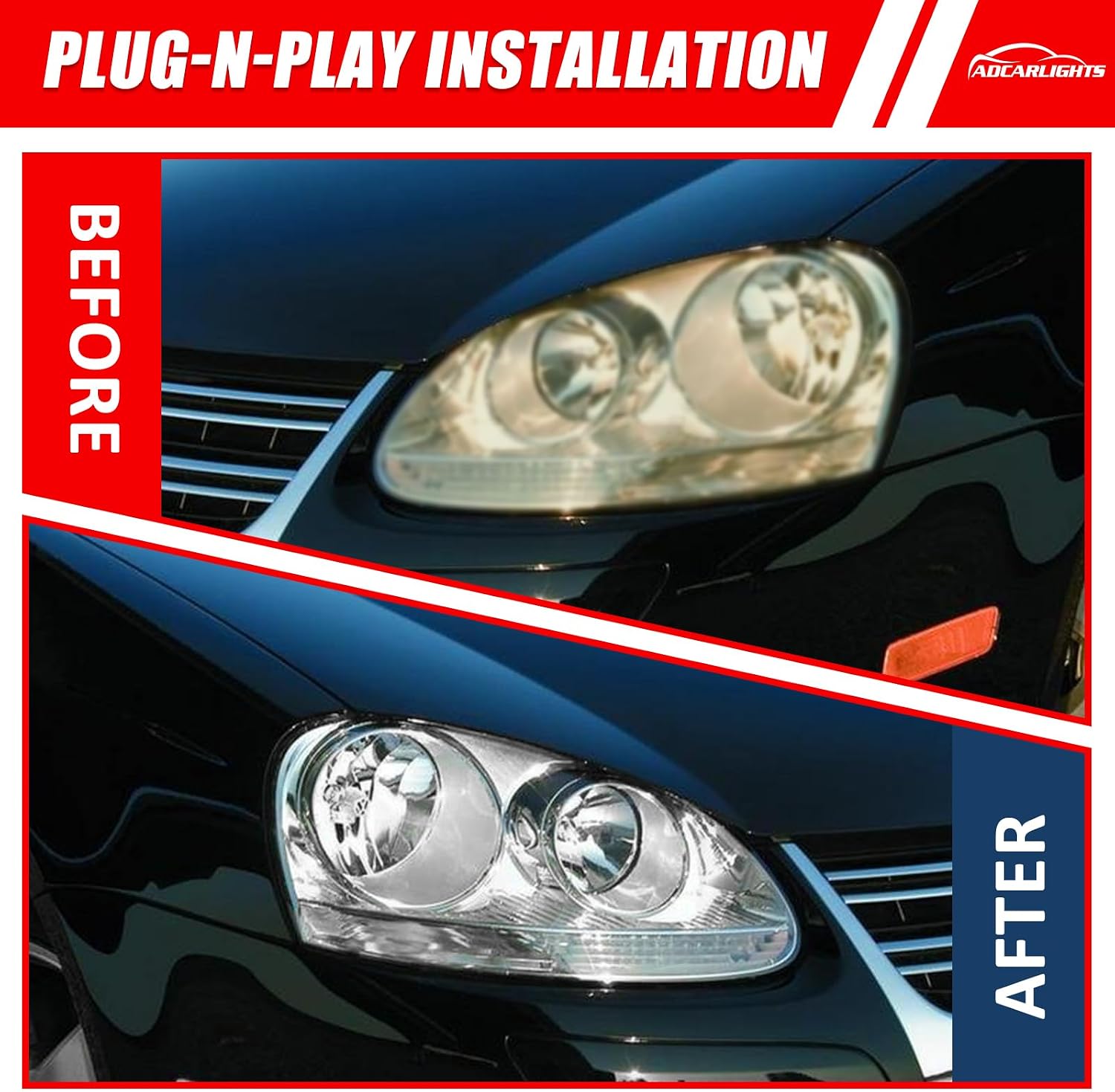 Headlights Assembly Compatible With 2005-2010 Jetta Type 5 Sedan 06-09 Golf/Rabbit Chrome Housing Clear Reflector（OEM Halogen only）
