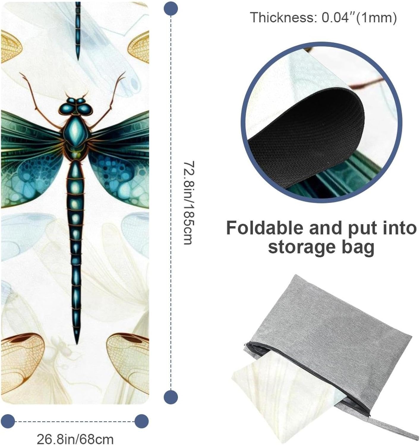 Yoga Towel, Dragonfly Pattern Non Slip Sweat Absorbent Hot Yoga Mat Towel for Hot Yoga, Pilates and Fitness - 72.8" x 26.8"