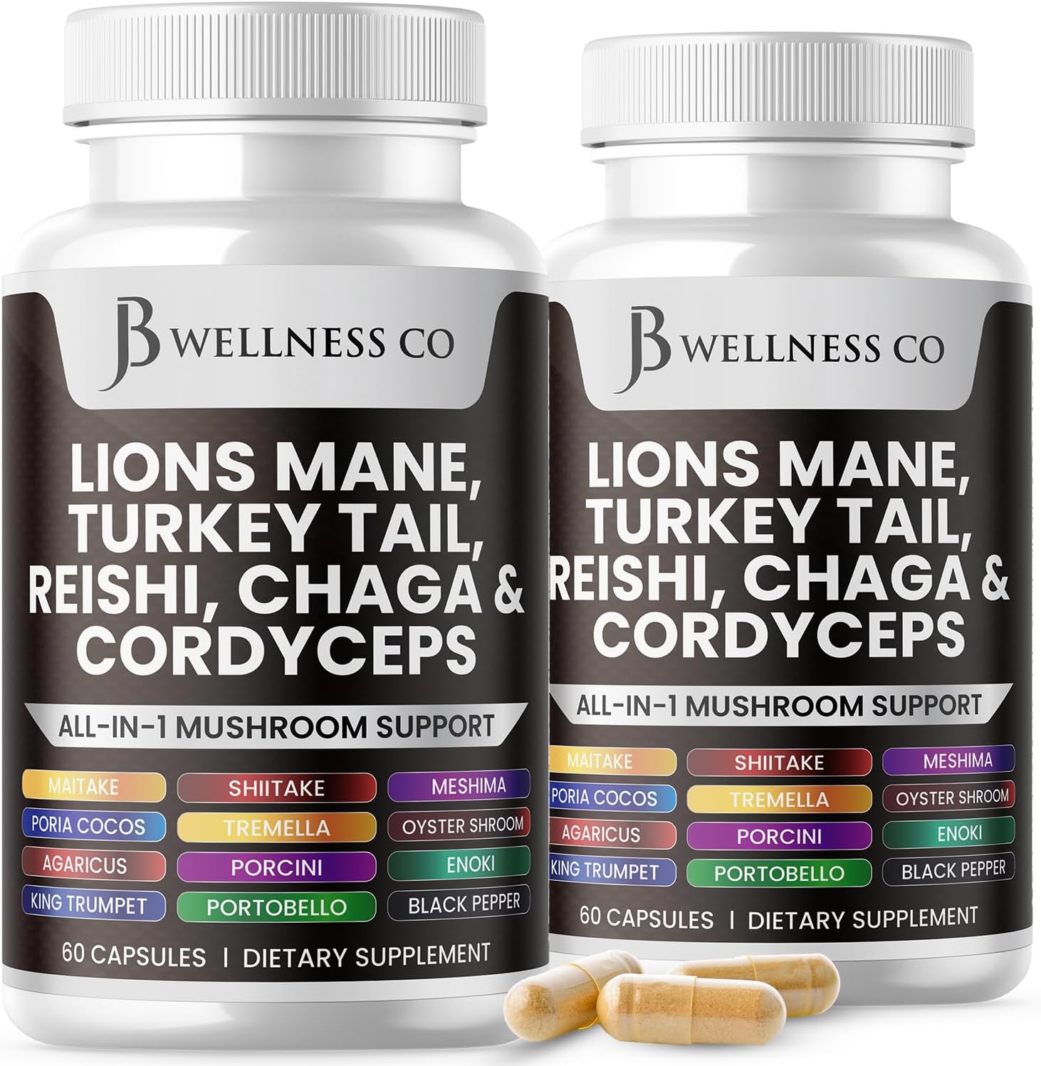 JB Wellness Co Lions Mane Supplement Cognitive Support, Immune Health with Turkey Tail 20in1 Mushroom Reishi Cordyceps Chaga with Marshmallow Root -180 Count