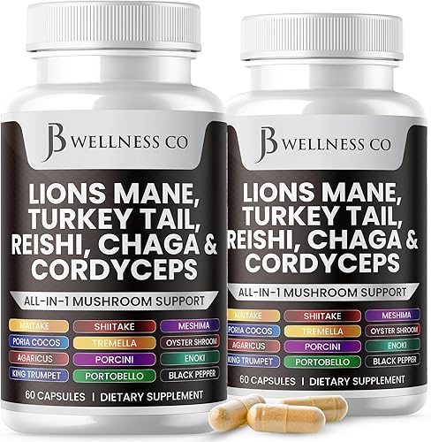 Suplemento de melena de leones, apoyo cognitivo, salud inmunológica con cola de pavo 20 en 1, hongo Reishi Cordyceps Chaga con raíz de malvavisco,