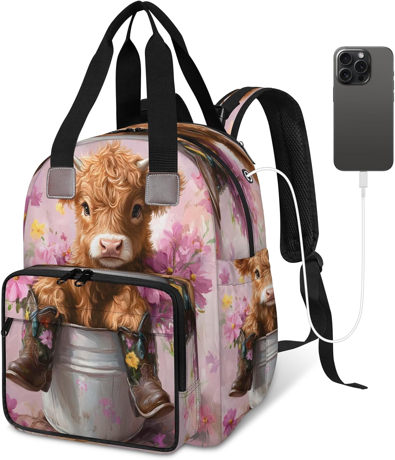 Baby Diapers Bag Backpack, Waterproof Large Baby Bag for Mom Dad, Western Highland Cow Flower Travel Diaper Bag Backpack, Newborn Essentials
