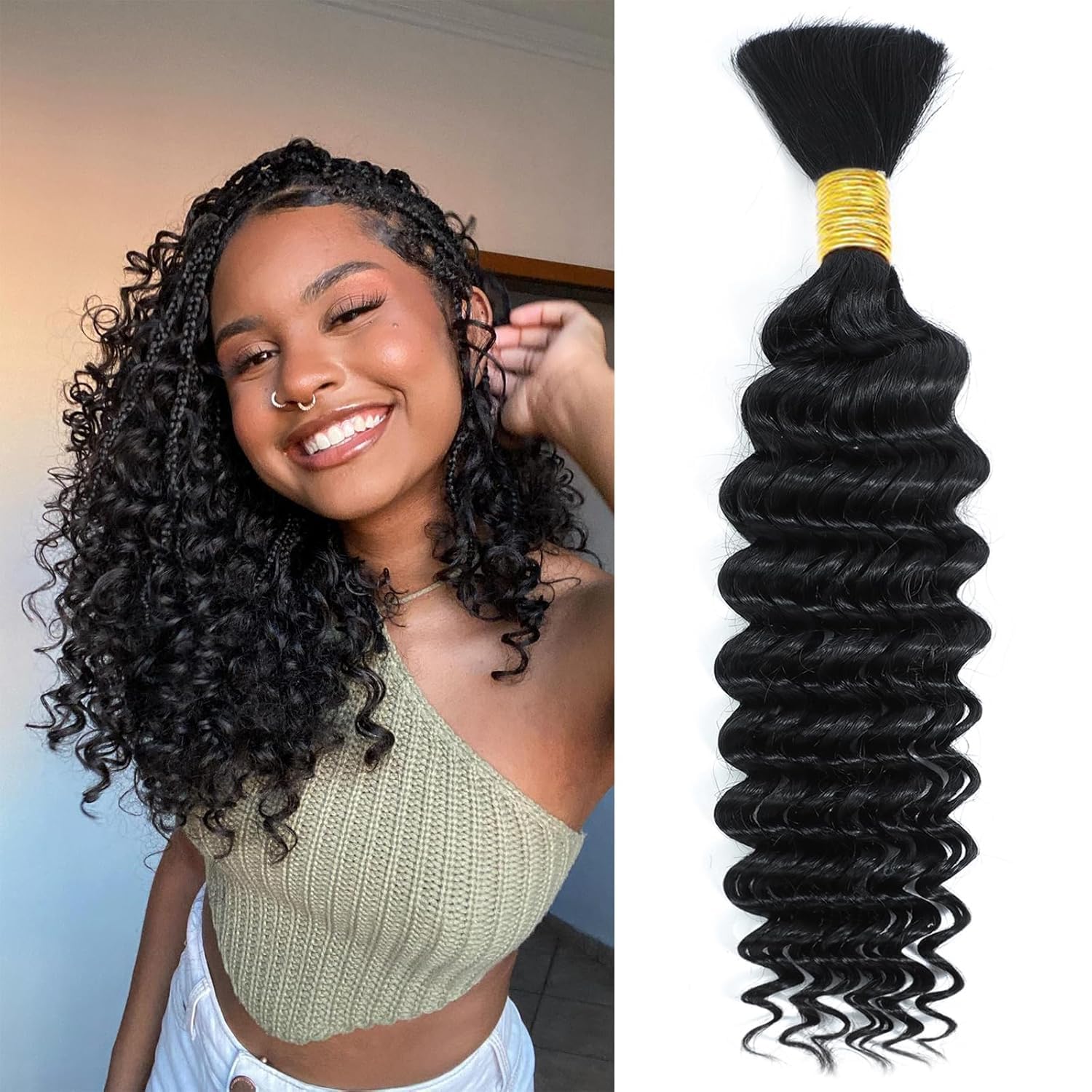 Datanala Human Braiding Hair Deep Wave Bulk Human Hair 1Bundle for Braiding Brazilian Virgin 100% Unprocessed Wet and Wavy Human Hair Extensions for Boho Braids (1B#/50g