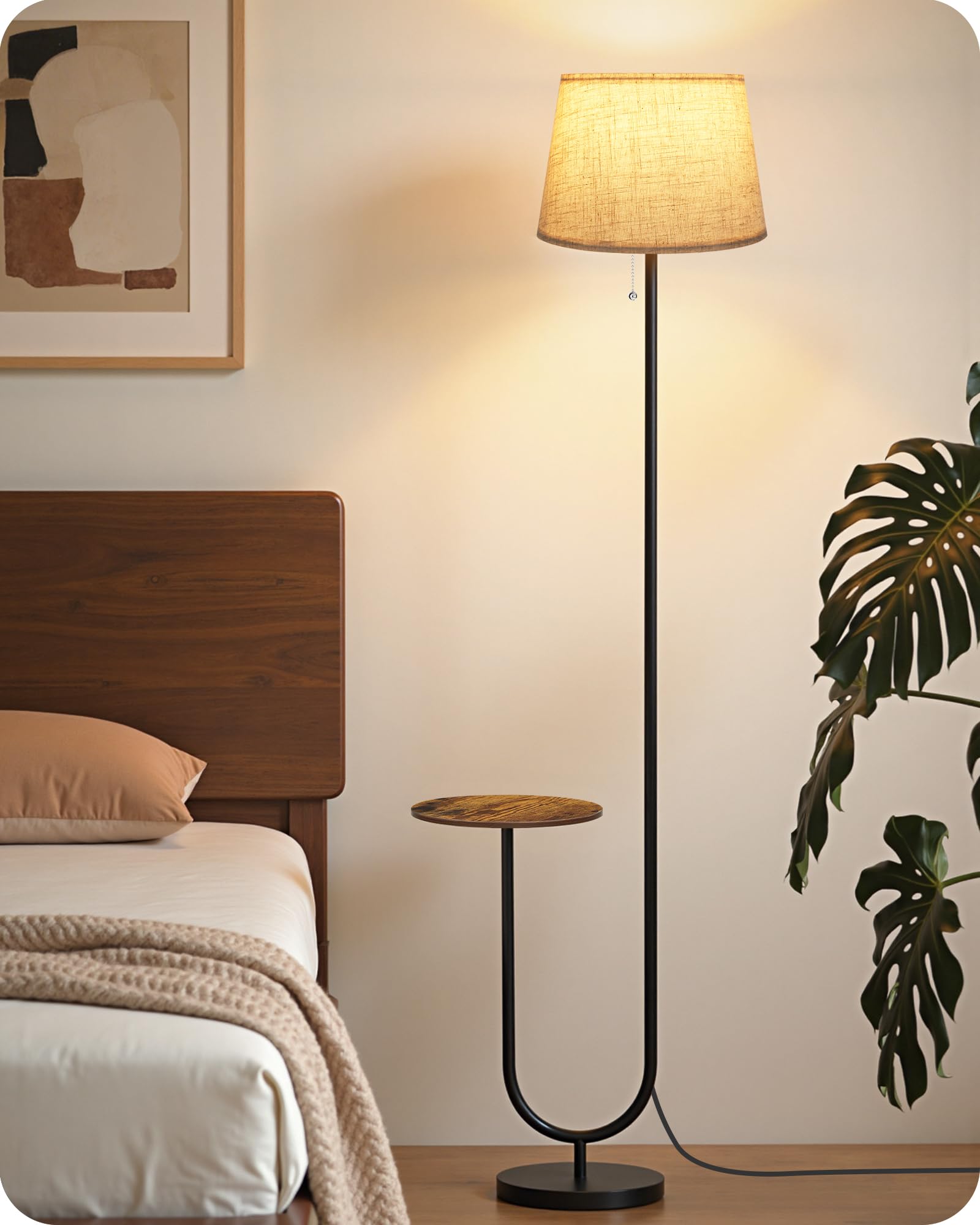 Lámpara de Pie con Mesa Auxiliar 3 Temperaturas de Color Cabezal Ajustable Pantalla de Lino Marrón Rústico y Beige