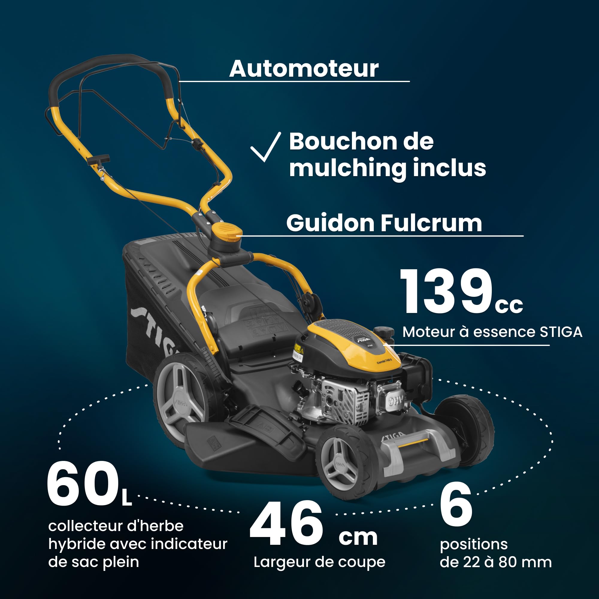 STIGA Combi 748 S Tondeuse à Gazon tractée - Moteur Essence 139cc, bac de ramassage 60L, système de Coupe 4 en 1, Gris