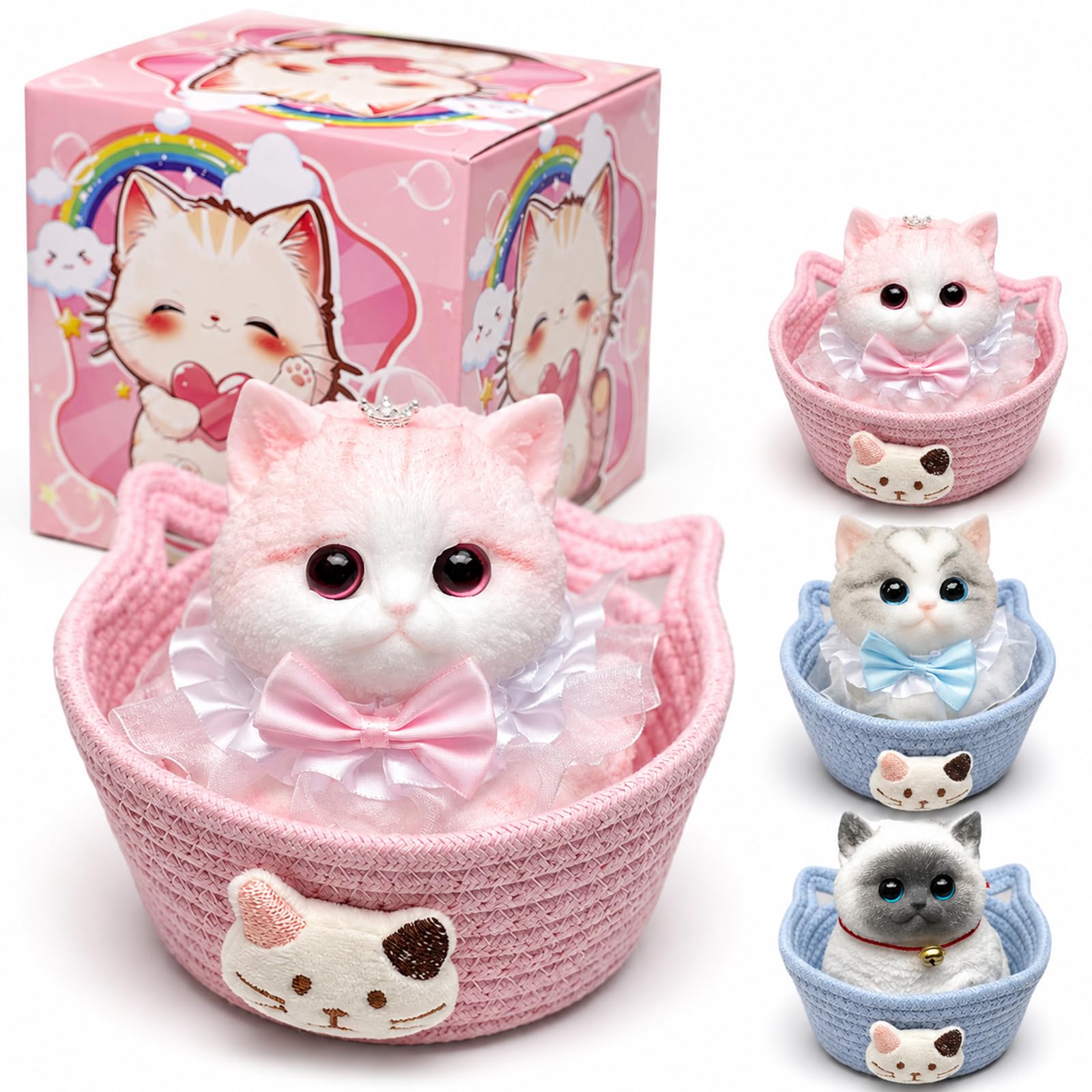 Squishy kot, 15 cm, TPR, zabawka antystresowa, dekoracja biurka, redukcja stresu i pomysł na prezent, z koszem z dzianiny (numer jeden)
