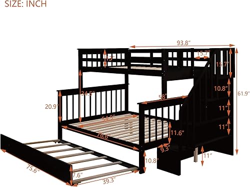 Miniatura 140 de Merax Litera de escalera individual sobre matrimonial con nido, escalera de almacenamiento y barandilla de longitud completa, litera de
