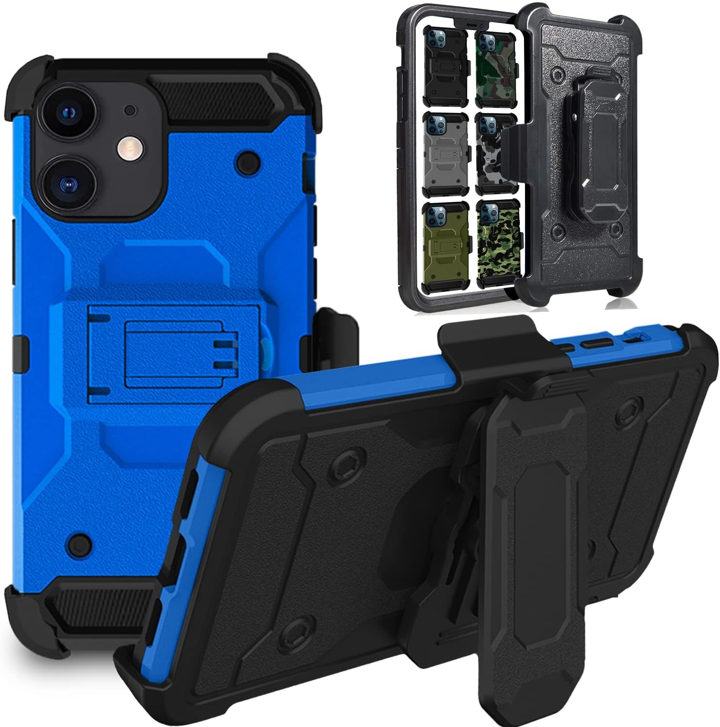 DuraSafe Cases for iPhone 12 iPhone 12 PRO 6.1" 2020 A2172 A2402 A2341 A2406 A2404 A2403 A2408 A2407 Heavy Duty Military Print Belt Clip Rugged Cover - Navy Blue(with Holster)