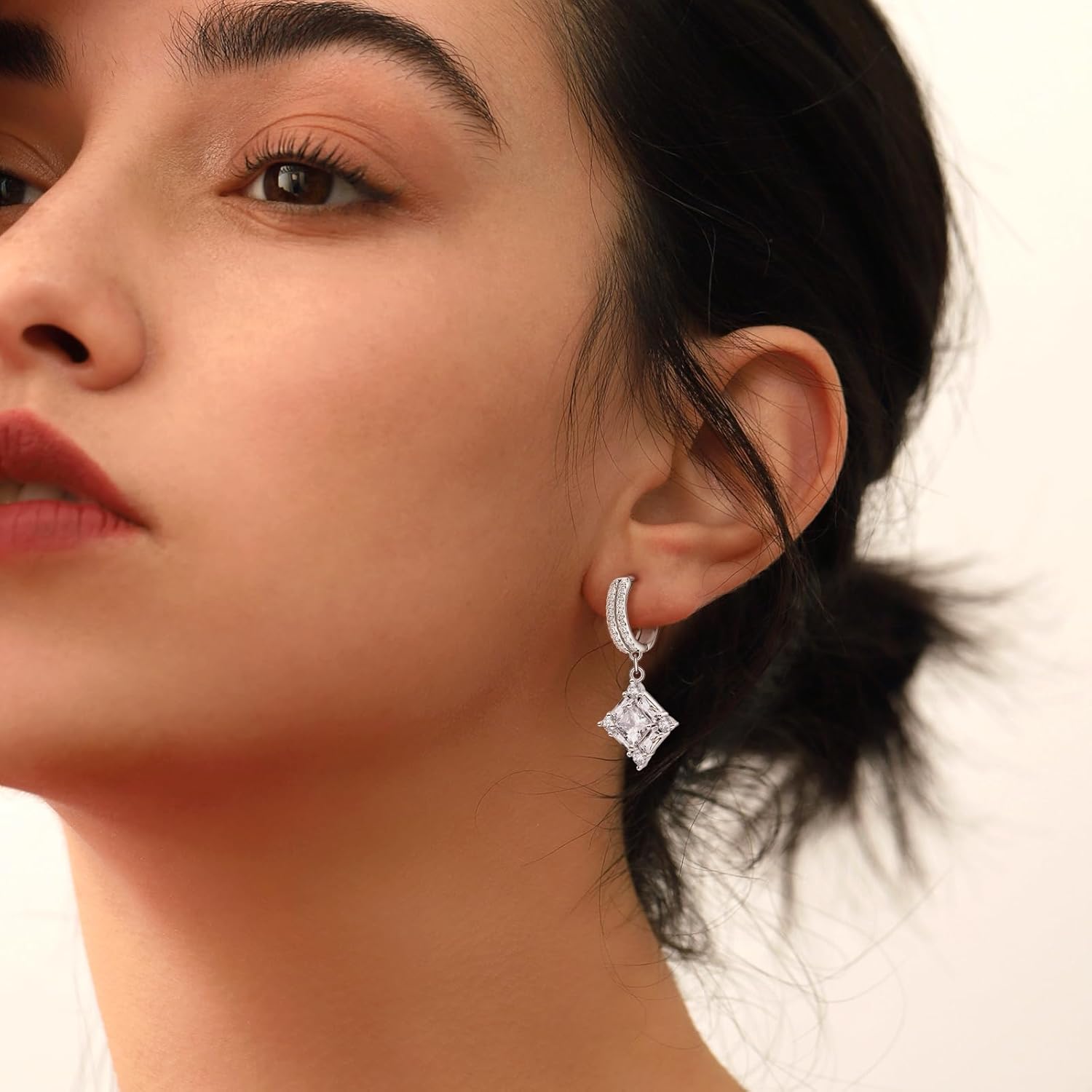 Sterling Silver Dangle Hoop Earrings for Women Cubic Zirconia Square Huggie Hoop Earrings with Cz Charm Bridal Wedding Sparkling Crystal Jewelry for Women Mother's Day Gifts for Mom Daughter - Image 5