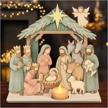 Wooden Nativity Set, Wood Christmas Nativity Scene Set, Miniature Holy Family Figurines, Table Top Boho Christmas Jesus Decorations for Indoor Mantel Display, Miracle In A Manger Gift Pastel