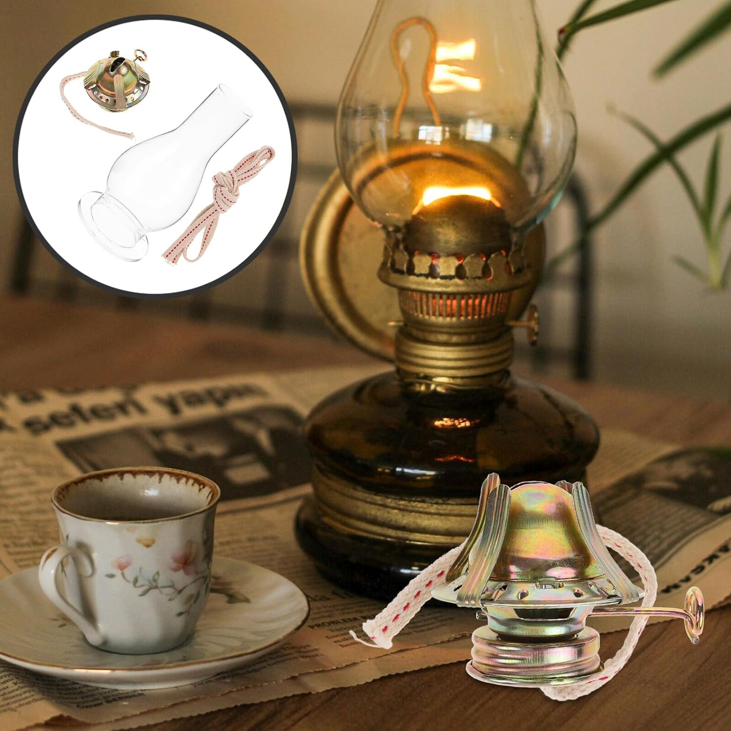 Retro Kerosene Lamp Regulator Metal Base with 1m Wick and Glass Dome, Adjustable Oil Lamp Burner Accessories for Indoor Home Decor and Emergency Lighting