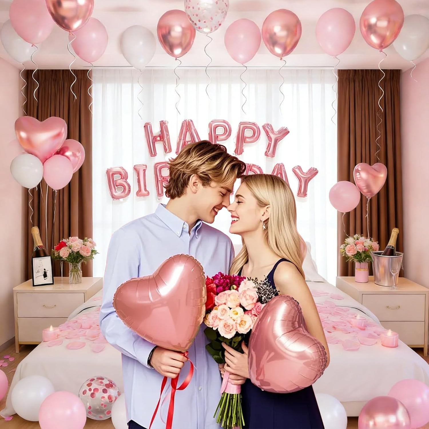 Pink Happy Birthday Decorations for Women, Happy Birthday Balloon Letters Banner Pink and White Balloons with Heart-Shaped Champagne Bottle Lipstick Balloons Rose Petals for Room Party Decor