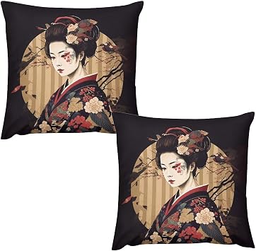 Japanese Pillow Case Sets,Ployester Sofa Throw Pillow Cover Set of 2,Beautiful Flower Japan Geishas Girls Cherry Blossoms Bird Square Couch Pillow Protector Cushion for Sofa Bed Decor 16 "x16