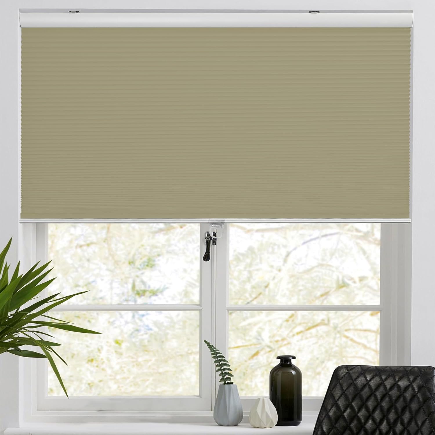 HESTIA Cordless Light Filtering Cellular Shades Thermal Insulation Honeycomb Blinds, Privacy, Noise Reduction, Window Shades for Bedroom/Living Room, Home and Office, Green Beige, 20" W X 60" H