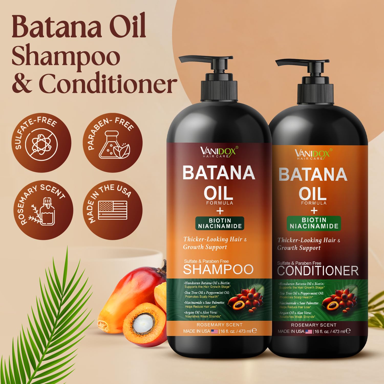 Batana Oil Shampoo and Conditioner Set – Biotin & Niacinamide Infused – Sulfate-Free, Paraben-Free – Moisturizing & Strengthening Hair Care for All Hair Types – 2 x 16 fl oz - Image 2