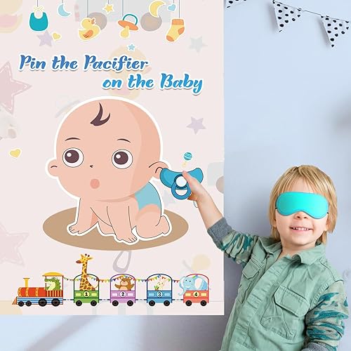 Miniatura 2 de T-Antrix Pin The Pacifier on The Baby Game - Juegos de fiesta de baby shower con póster de 21 x 28 pulgadas, chupetes reutilizables, suministros de