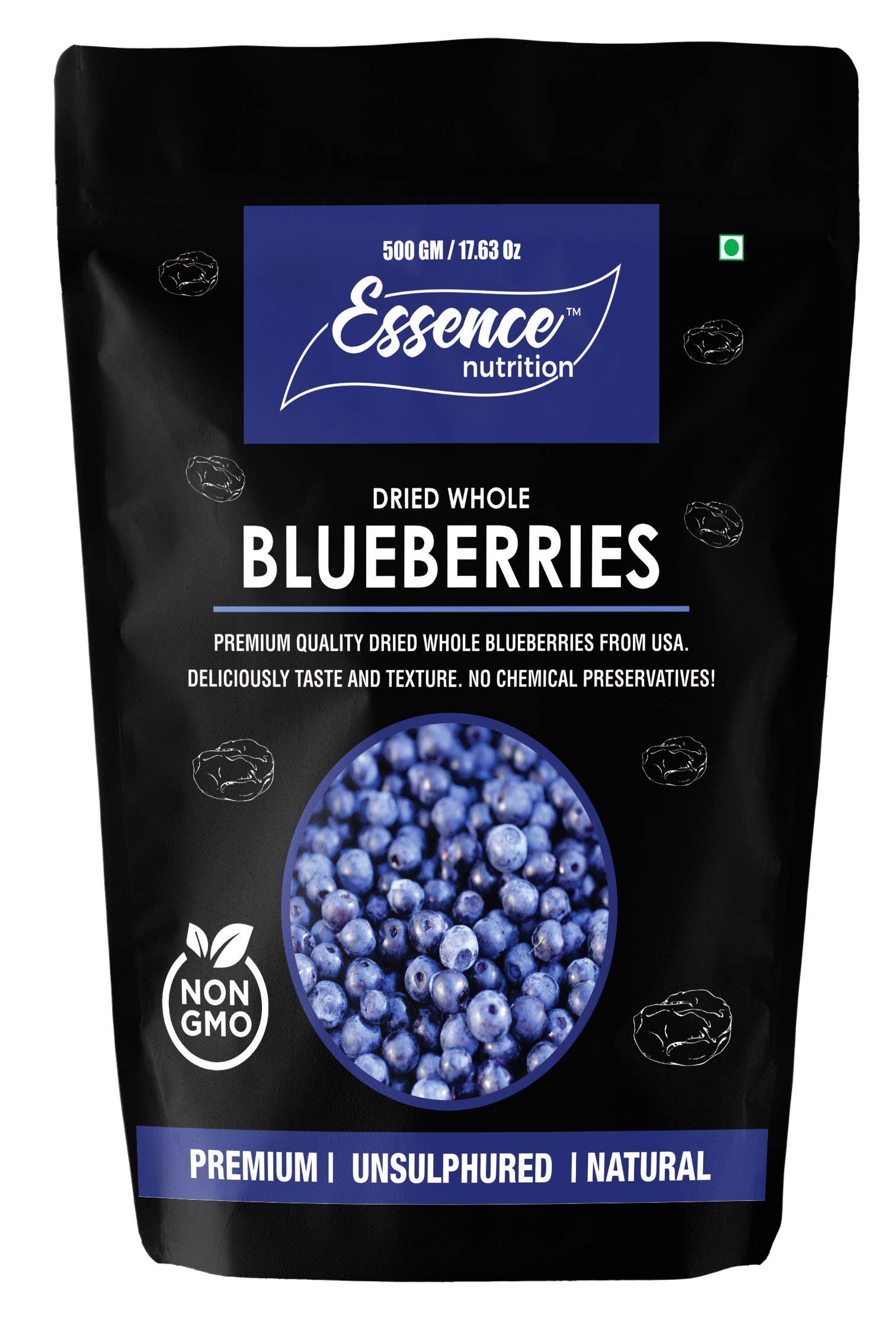 Essence Nutrition Dried Whole Blueberry (500 Grams) - Imported From USA - Blueberry Dry Fruit For Eating