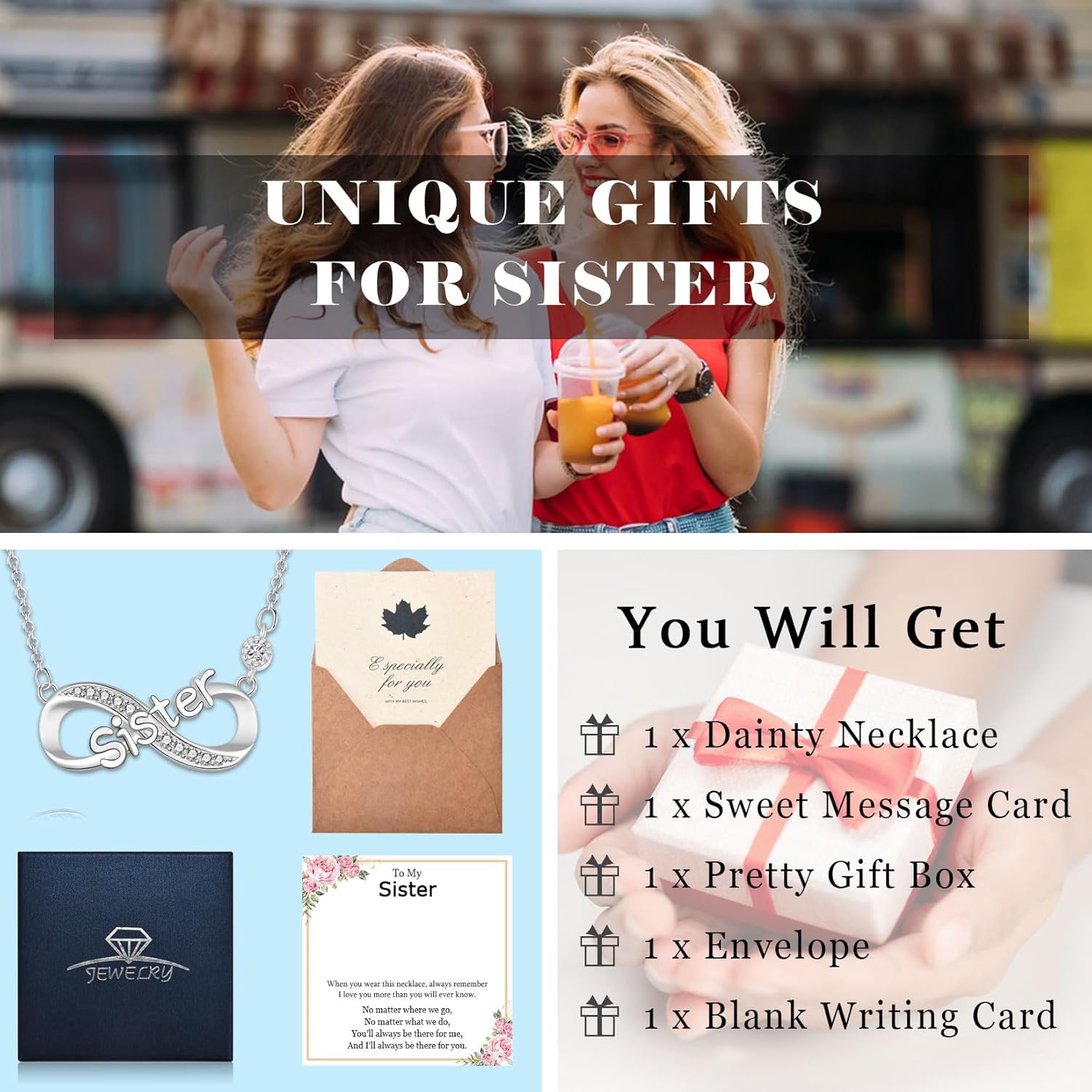 EPIRORA Gifts for Sister- Silver Infinity Pendant Necklace Jewellery Sister Presents for Women & Girls on Birthday Christmas Mother's Day Valentines Day - Image 4