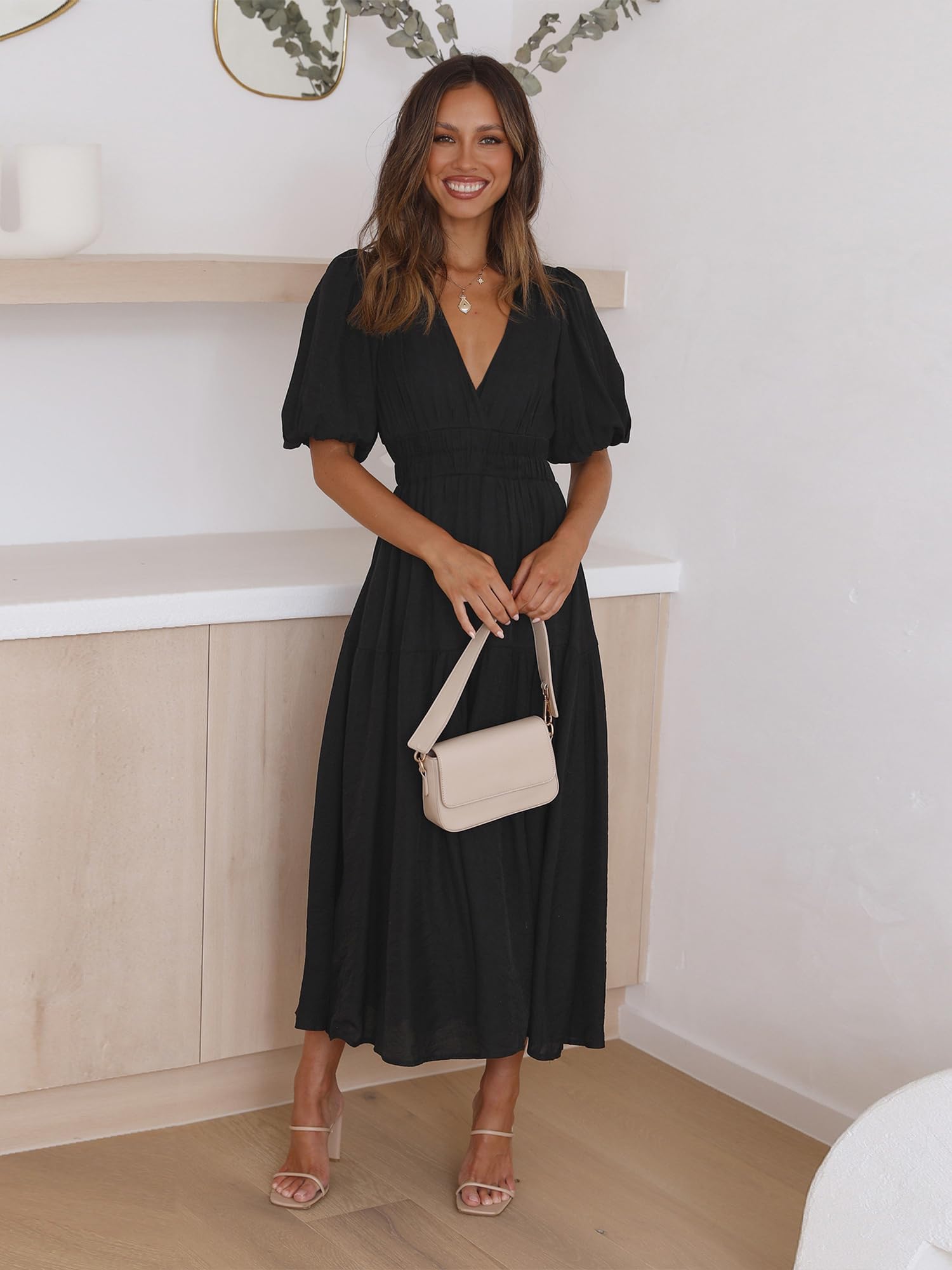 MessBebe Damen Sommer V-Ausschnitt Puff Sleeve Casual Kleider Solid Midi Kleid Rüschen Strandkleid