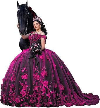 Gothic 3D Floral Flowers Quinceanera Dresses with Train Lace Applique Sweet 16 Dresses Beaded Off Shoulder Ball Gown
