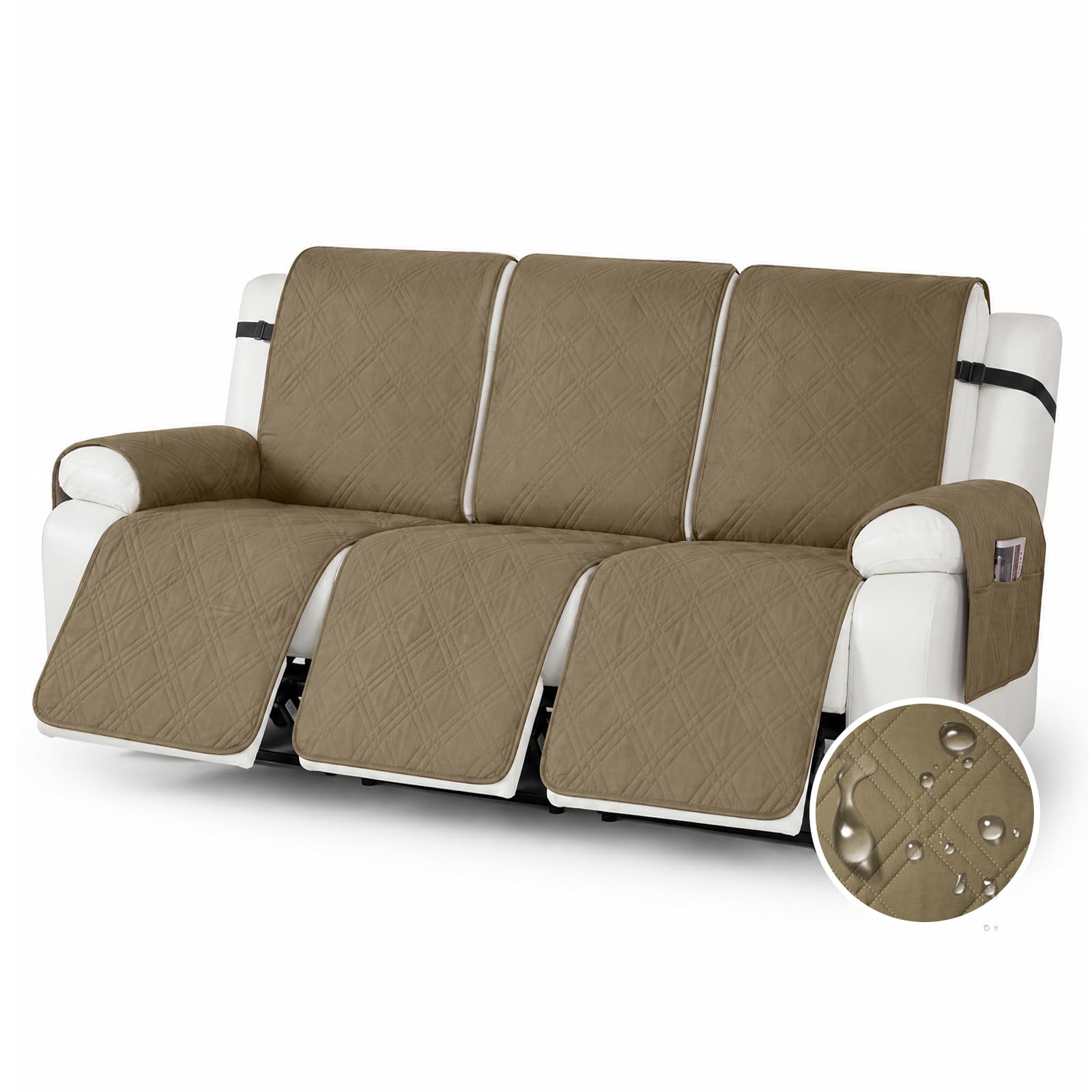 YushengTai Armchair Covers, 100% Waterproof, Anti-Slip, 3 Seater Recliner Chair Cover, Chair Covers for Armchairs with 4 Pockets, 3 Adjustable Straps (Light Brown)