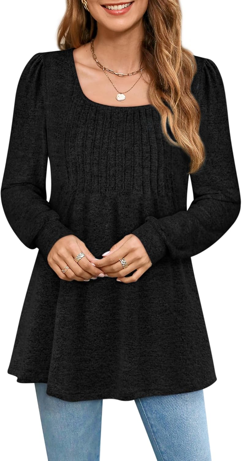 Zwurew Women's Puff Long Sleeve Shirts 2024 Trendy Scoop Neck Loose Fit Blouses Pleated Flowy Tunic Tops S-2XL - Image 4