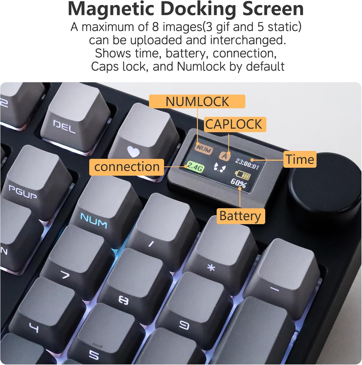 Close-up of the keyboard screen displaying connection, battery, time, Caps Lock, and Num Lock indicators