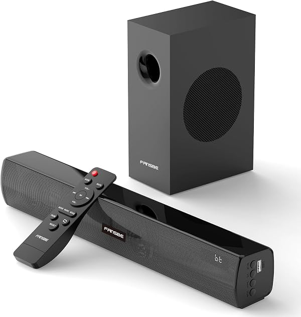 Barra de sonido con subwoofer Bluetooth para TV, sistema de sonido para cine en casa, bocinas para TV con subwoofer, HDMI(ARC) OPT COAX AUX USB 2.1ch audio para TV/PC/proyector, 3 modos de graves y agudos, control remoto, negro
