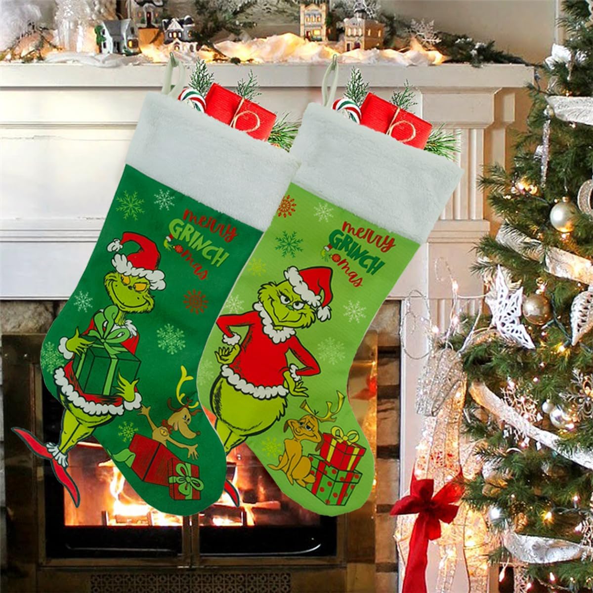 6 Packs Christmas Stockings Personalised Christmas Decorations 18 Inch Large and 10 Inch Small Red Green Farmhouse Christmas Tree Hanging Stocking Cute Cartoon Xmas Stockings for Tree Fireplace Decor