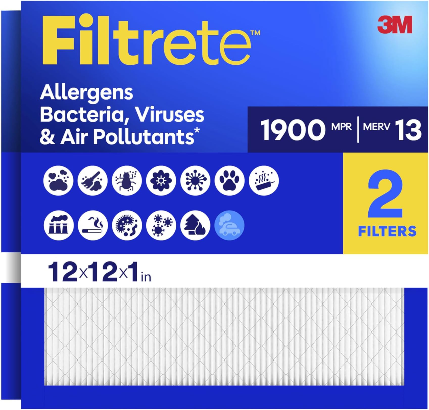Filtrete 12x12x1 Air Filter, MERV 13 MPR 1900, Allergens, Bacteria, Viruses & Air Pollutants, 3-Month AC/Furnace Filters, Cleaner Air Reliable Airflow, 2 HVAC Filters(Act Size 11.81x11.81x0.78 in)